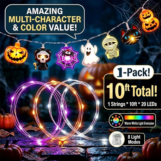 Alt view image 2 of 7 - Halloween String Lights, 10FT 20LED Orange Fairy Lights, USB & 3-Battery Box Powered, IP44 Waterproof Halloween Decor for Indoor Outdoor Porch Yard Tree Party (Batteries Not Included)