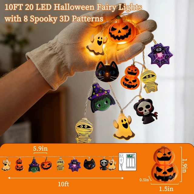 Alt view image 7 of 7 - Halloween String Lights, 10FT 20LED Orange Fairy Lights, USB & 3-Battery Box Powered, IP44 Waterproof Halloween Decor for Indoor Outdoor Porch Yard Tree Party (Batteries Not Included)
