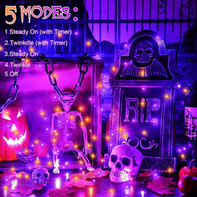 Alt view image 4 of 7 - 4 Pack Halloween Timer Fairy Lights Battery Operated Twinkle Lights | 16.4Ft 50 LED Purple Orange Fairy Lights Outdoor with Timer 5 Modes,Black Wire
