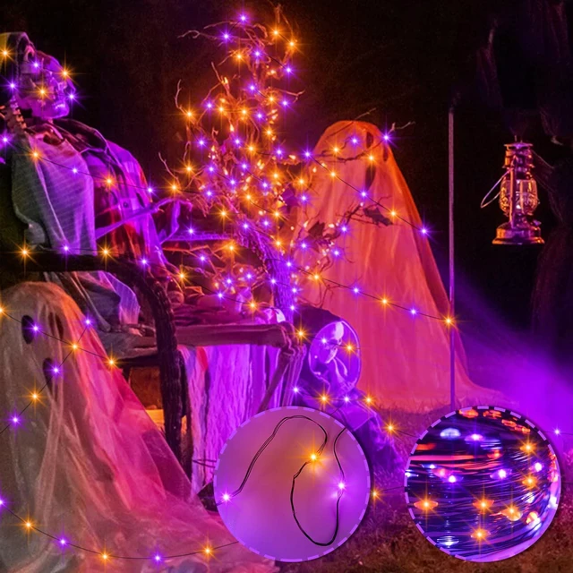 Alt view image 5 of 7 - 4 Pack Halloween Timer Fairy Lights Battery Operated Twinkle Lights | 16.4Ft 50 LED Purple Orange Fairy Lights Outdoor with Timer 5 Modes,Black Wire