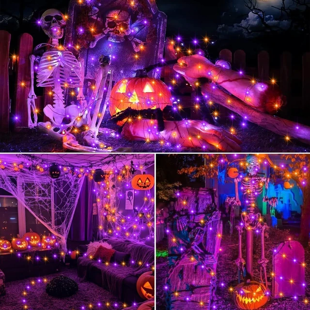 Alt view image 7 of 7 - 4 Pack Halloween Timer Fairy Lights Battery Operated Twinkle Lights | 16.4Ft 50 LED Purple Orange Fairy Lights Outdoor with Timer 5 Modes,Black Wire
