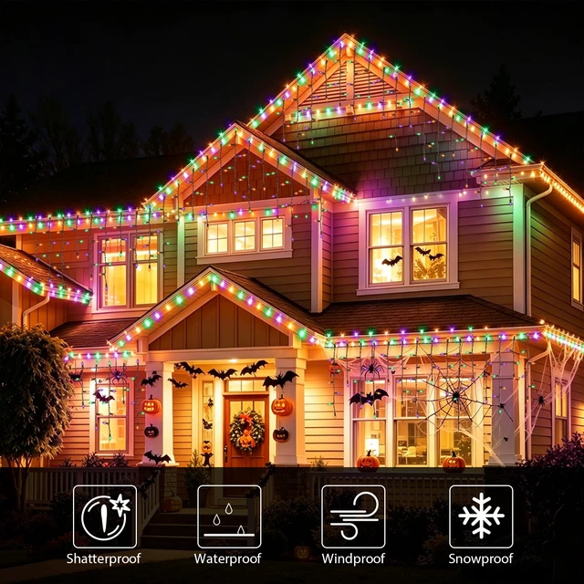 Alt view image 2 of 7 - 9.35FT 100 Orange Purple Green Icicle Lights, Halloween Lights Brown Wire, Indoor/Outdoor Halloween Christmas Holiday Lights