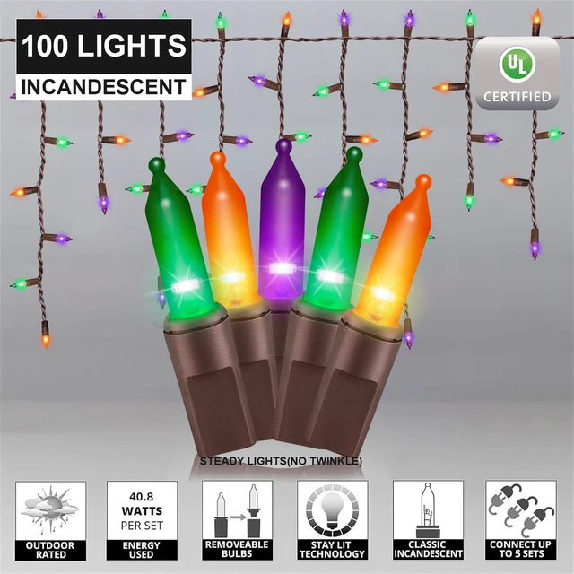 Alt view image 3 of 7 - 9.35FT 100 Orange Purple Green Icicle Lights, Halloween Lights Brown Wire, Indoor/Outdoor Halloween Christmas Holiday Lights
