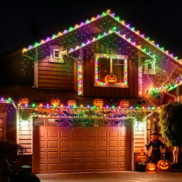 Alt view image 5 of 7 - 9.35FT 100 Orange Purple Green Icicle Lights, Halloween Lights Brown Wire, Indoor/Outdoor Halloween Christmas Holiday Lights