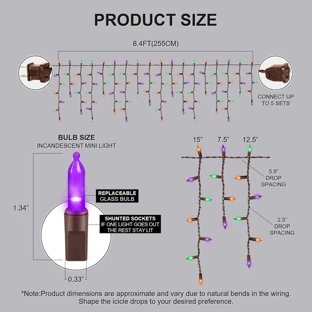 Alt view image 4 of 7 - 9.35FT 100 Orange Purple Green Icicle Lights, Halloween Lights Brown Wire, Indoor/Outdoor Halloween Christmas Holiday Lights