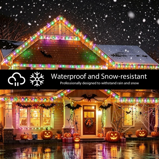 Alt view image 6 of 7 - 9.35FT 100 Orange Purple Green Icicle Lights, Halloween Lights Brown Wire, Indoor/Outdoor Halloween Christmas Holiday Lights