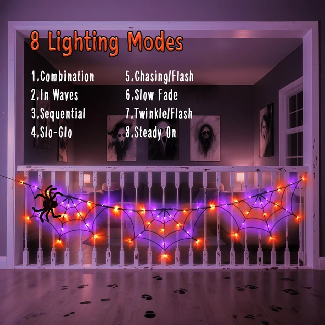 Alt view image 2 of 7 - Halloween Decorations Spider Web Lights 6FT 60LED Battery Operated/USB Powered with Black Spider with Timer 8 Modes Indoor Outdoor for Halloween Decor, Orange&Purple