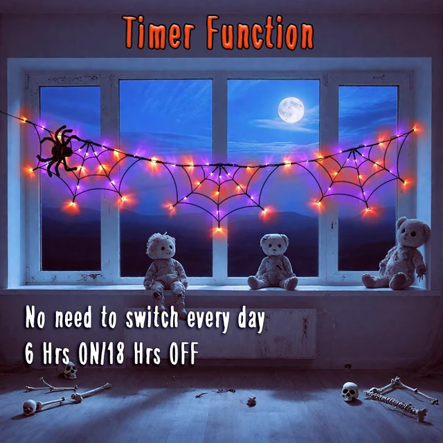 Alt view image 3 of 7 - Halloween Decorations Spider Web Lights 6FT 60LED Battery Operated/USB Powered with Black Spider with Timer 8 Modes Indoor Outdoor for Halloween Decor, Orange&Purple