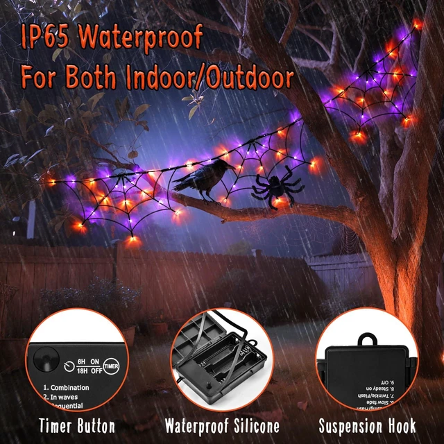 Alt view image 4 of 7 - Halloween Decorations Spider Web Lights 6FT 60LED Battery Operated/USB Powered with Black Spider with Timer 8 Modes Indoor Outdoor for Halloween Decor, Orange&Purple