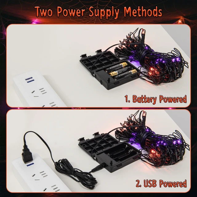 Alt view image 5 of 7 - Halloween Decorations Spider Web Lights 6FT 60LED Battery Operated/USB Powered with Black Spider with Timer 8 Modes Indoor Outdoor for Halloween Decor, Orange&Purple