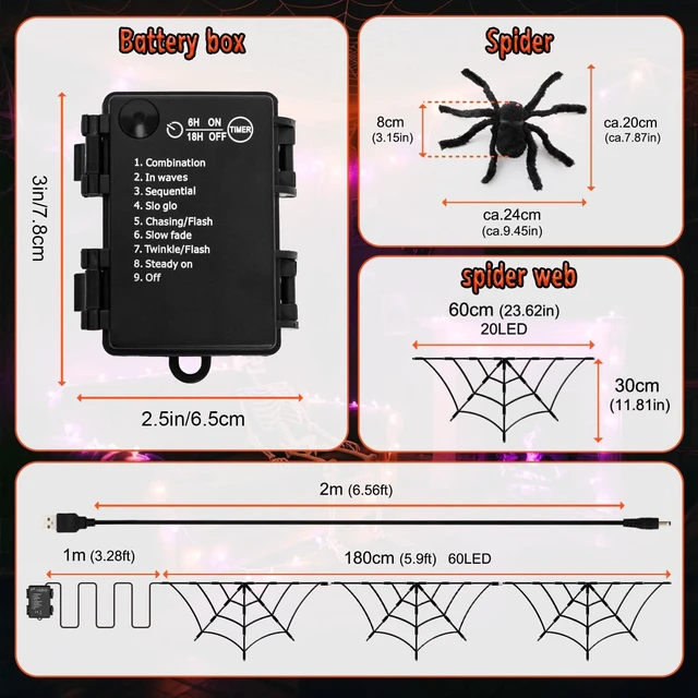 Alt view image 6 of 7 - Halloween Decorations Spider Web Lights 6FT 60LED Battery Operated/USB Powered with Black Spider with Timer 8 Modes Indoor Outdoor for Halloween Decor, Orange&Purple