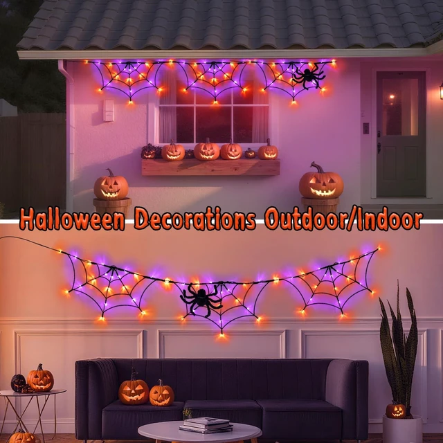Alt view image 7 of 7 - Halloween Decorations Spider Web Lights 6FT 60LED Battery Operated/USB Powered with Black Spider with Timer 8 Modes Indoor Outdoor for Halloween Decor, Orange&Purple