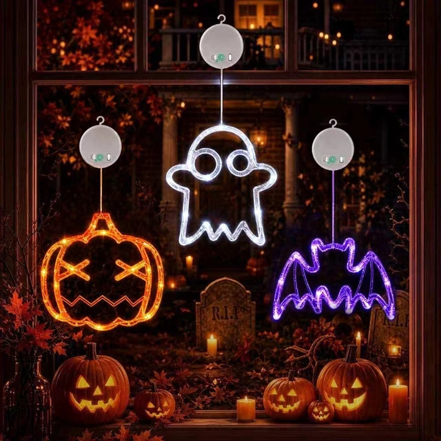Alt view image 3 of 7 - Halloween Decorations, 2026 Upgrade Halloween Window Lights, 3 Pack | Halloween Window Decorations, 2026 Upgraded Dyed Design, 8 Flashing Modes, Timer, Battery Operated, Suction Cup, Indoor Light