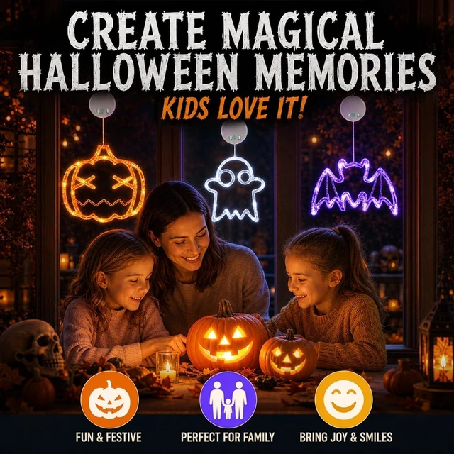 Alt view image 4 of 7 - Halloween Decorations, 2026 Upgrade Halloween Window Lights, 3 Pack | Halloween Window Decorations, 2026 Upgraded Dyed Design, 8 Flashing Modes, Timer, Battery Operated, Suction Cup, Indoor Light