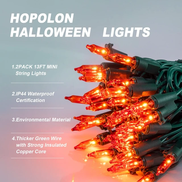 Alt view image 3 of 6 - Orange Halloween Mini Lights, 2 Pack 50 Count 13FT Green Wire | Orange String Lights Plug In, Waterproof Incandescent Fall Lights for Spooky Thanksgiving, Party, Home, Halloween Decor