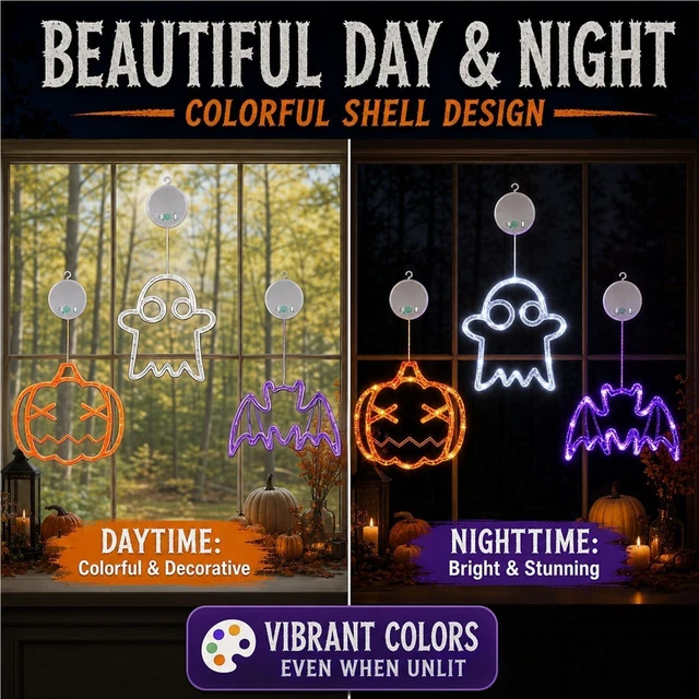 Alt view image 7 of 7 - Halloween Decorations, 2026 Upgrade Halloween Window Lights, 3 Pack | Halloween Window Decorations, 2026 Upgraded Dyed Design, 8 Flashing Modes, Timer, Battery Operated, Suction Cup, Indoor Light