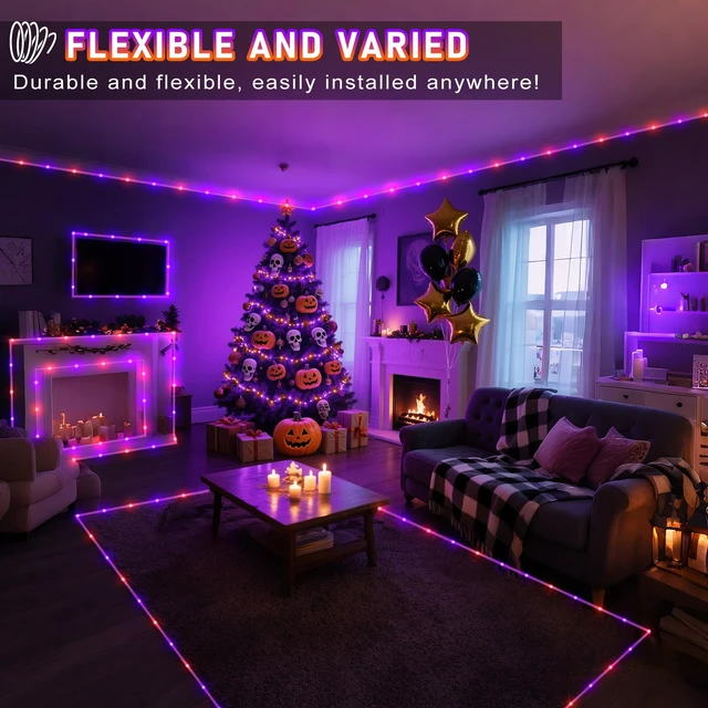 Alt view image 7 of 7 - Orange and Purple Halloween Lights, 66FT 200 LED Rope Lights for Outside | Plug in Connectable Tube Lights Indoor Outdoor with Waterproof 8 Modes for House Garden Tree Backyard Pool Party Decorations