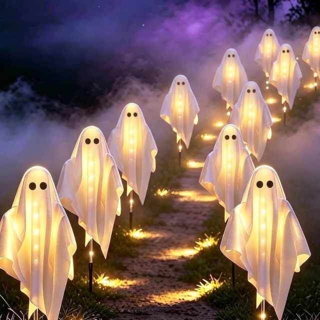 Main image of 3-Pack & Solar Powered Ghost Halloween Decorations Outdoor, Auto On/Off | Waterproof 3-Pack Solar Halloween Lights 8 Lighting Modes for Garden Pathway Porch Yard Walkway Lawn Party Decorations