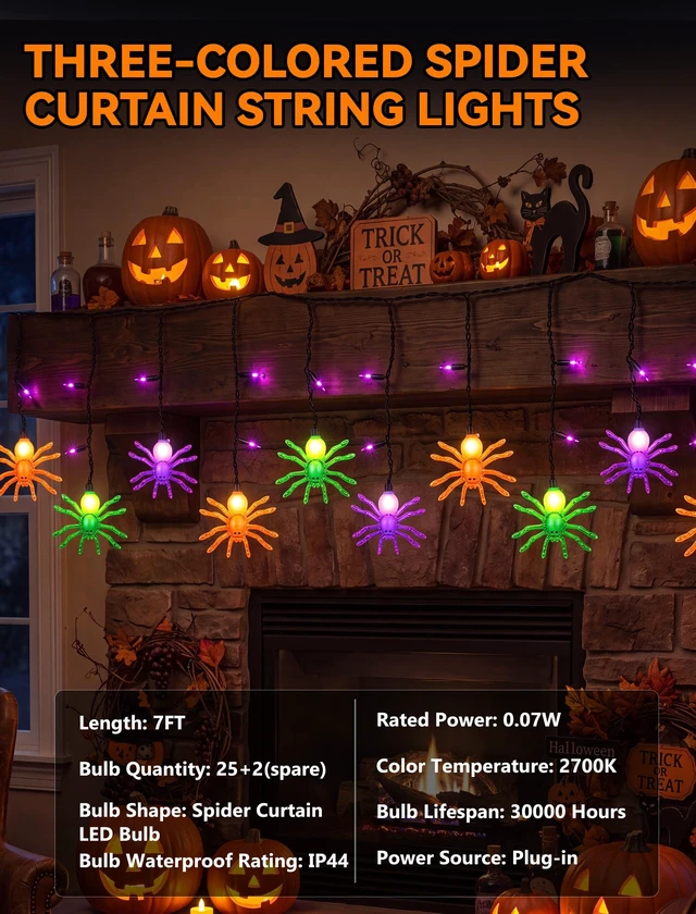 Alt view image 2 of 7 - Halloween Spider String Lights, 7Ft Halloween Decorations Lights with 10 LED Colorful Spider Lights 15 Mini Purple Bulbs, Hanging Fairy Lights UL Listed for Outdoor Curtain Porch Bar Party Decor