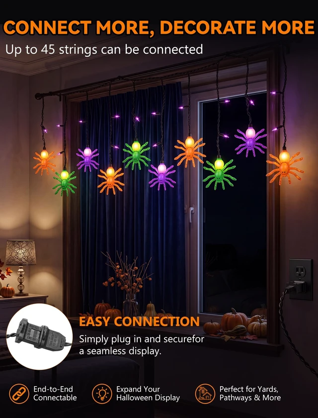 Alt view image 3 of 7 - Halloween Spider String Lights, 7Ft Halloween Decorations Lights with 10 LED Colorful Spider Lights 15 Mini Purple Bulbs, Hanging Fairy Lights UL Listed for Outdoor Curtain Porch Bar Party Decor