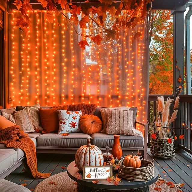 Alt view image 2 of 7 - 300LED Orange Halloween Curtain Lights with Remote, 9.8x9.8ft | Plug in, 8 Modes, Orange Hanging String Lights for Fall Bedroom Thanksgiving Window Wall Party Indoor Outdoor Halloween Decor