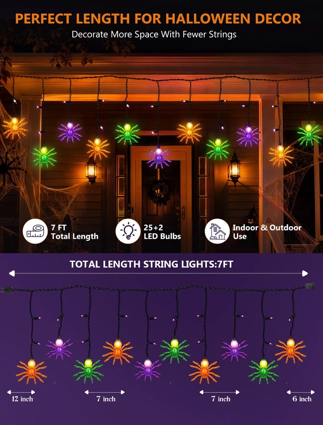 Alt view image 5 of 7 - Halloween Spider String Lights, 7Ft Halloween Decorations Lights with 10 LED Colorful Spider Lights 15 Mini Purple Bulbs, Hanging Fairy Lights UL Listed for Outdoor Curtain Porch Bar Party Decor