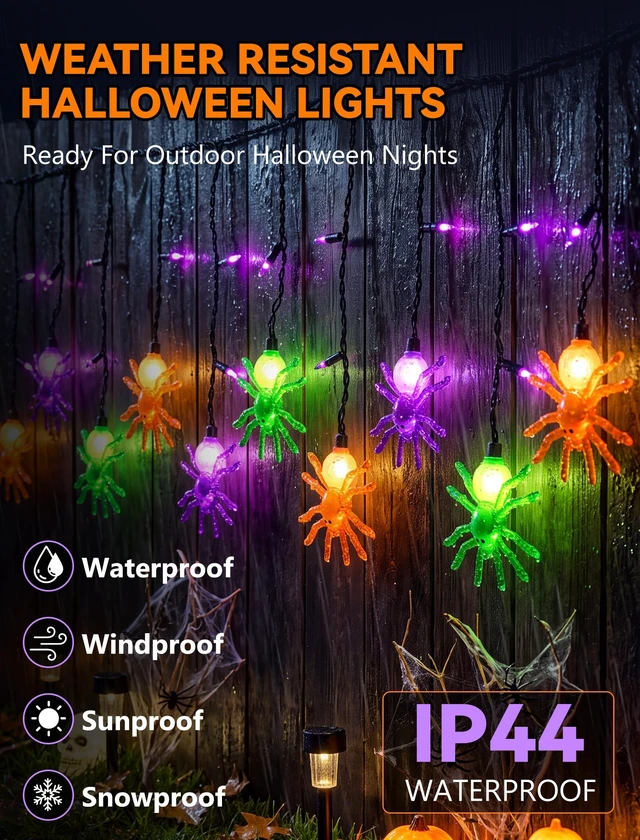 Alt view image 4 of 7 - Halloween Spider String Lights, 7Ft Halloween Decorations Lights with 10 LED Colorful Spider Lights 15 Mini Purple Bulbs, Hanging Fairy Lights UL Listed for Outdoor Curtain Porch Bar Party Decor