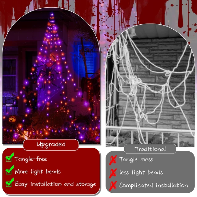 Alt view image 2 of 7 - Halloween Lights Outdoor 454 LED Spider Web Lights Orange & Purple | Halloween Decorations, 17.4 FT Tall Creepy Web Lights Plug in 8 Modes Timers Memory Function for Holiday House Party Yard