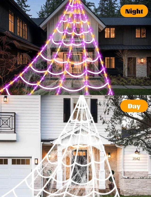 Alt view image 2 of 7 - Spider Webs Halloween Decorations Lights - 250 LEDs Outdoor Halloween String Lights,8 Modes Remote Control 16.4Ft Spiderweb,Waterproof (Orange+Purple)