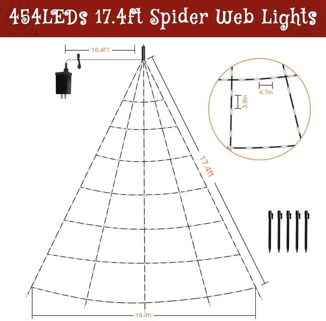 Alt view image 3 of 7 - Halloween Lights Outdoor 454 LED Spider Web Lights Orange & Purple | Halloween Decorations, 17.4 FT Tall Creepy Web Lights Plug in 8 Modes Timers Memory Function for Holiday House Party Yard