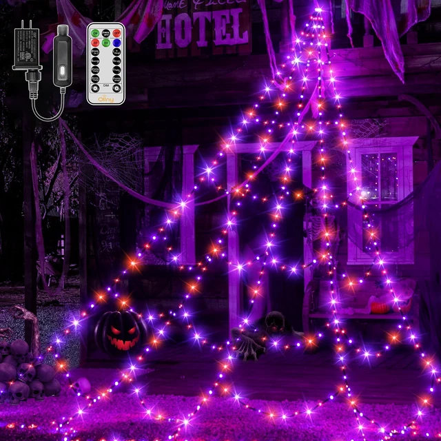 Main image of Halloween Lights Outdoor 454 LED Spider Web Lights Orange & Purple | Halloween Decorations, 17.4 FT Tall Creepy Web Lights Plug in 8 Modes Timers Memory Function for Holiday House Party Yard