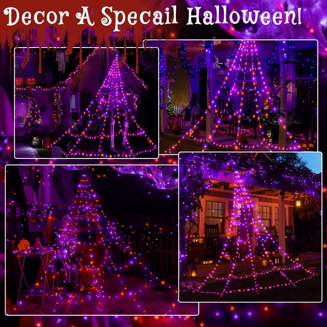 Alt view image 6 of 7 - Halloween Lights Outdoor 454 LED Spider Web Lights Orange & Purple | Halloween Decorations, 17.4 FT Tall Creepy Web Lights Plug in 8 Modes Timers Memory Function for Holiday House Party Yard