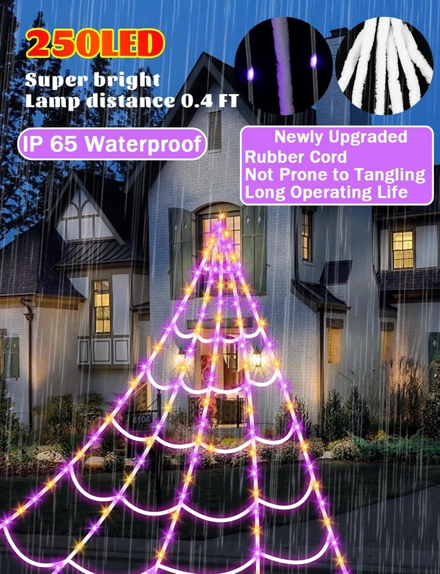Alt view image 5 of 7 - Spider Webs Halloween Decorations Lights - 250 LEDs Outdoor Halloween String Lights,8 Modes Remote Control 16.4Ft Spiderweb,Waterproof (Orange+Purple)