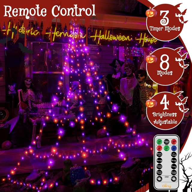 Alt view image 4 of 7 - Halloween Lights Outdoor 454 LED Spider Web Lights Orange & Purple | Halloween Decorations, 17.4 FT Tall Creepy Web Lights Plug in 8 Modes Timers Memory Function for Holiday House Party Yard