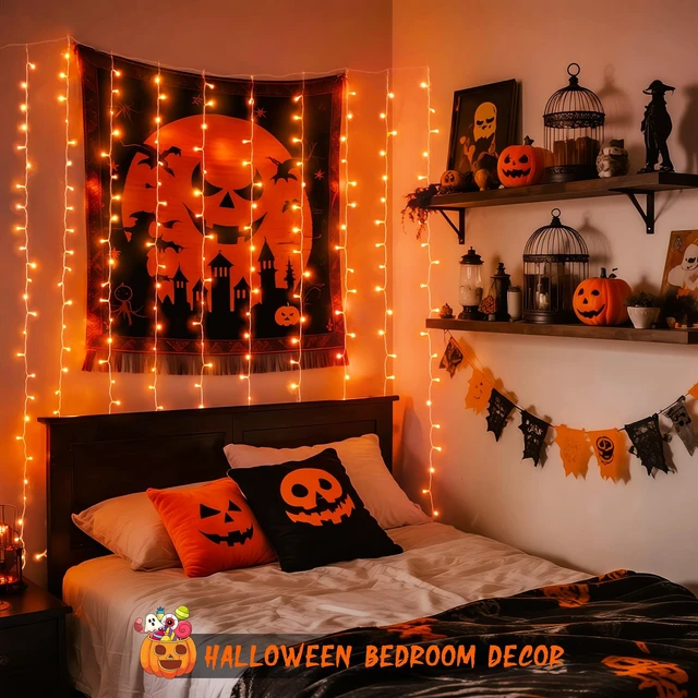 Alt view image 3 of 7 - 300LED Orange Halloween Curtain Lights with Remote, 9.8x9.8ft | Plug in, 8 Modes, Orange Hanging String Lights for Fall Bedroom Thanksgiving Window Wall Party Indoor Outdoor Halloween Decor