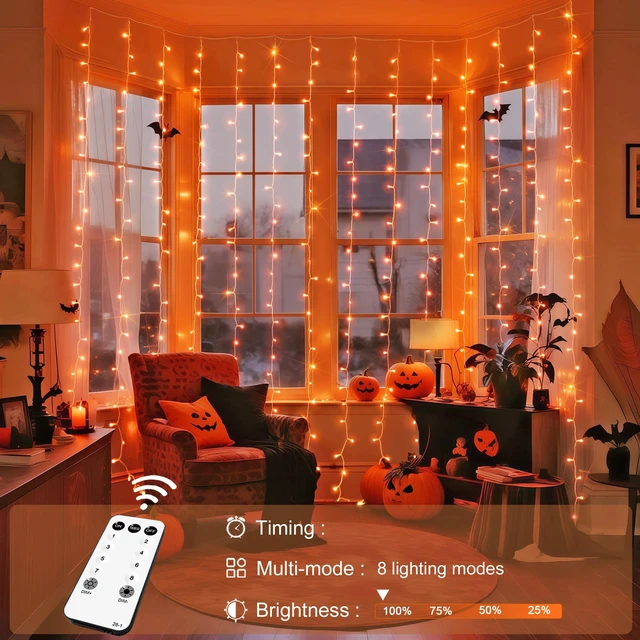Alt view image 4 of 7 - 300LED Orange Halloween Curtain Lights with Remote, 9.8x9.8ft | Plug in, 8 Modes, Orange Hanging String Lights for Fall Bedroom Thanksgiving Window Wall Party Indoor Outdoor Halloween Decor