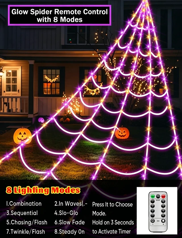 Alt view image 4 of 7 - Spider Webs Halloween Decorations Lights - 250 LEDs Outdoor Halloween String Lights,8 Modes Remote Control 16.4Ft Spiderweb,Waterproof (Orange+Purple)