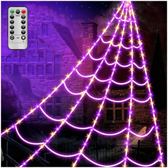 Main image of Spider Webs Halloween Decorations Lights - 250 LEDs Outdoor Halloween String Lights,8 Modes Remote Control 16.4Ft Spiderweb,Waterproof (Orange+Purple)