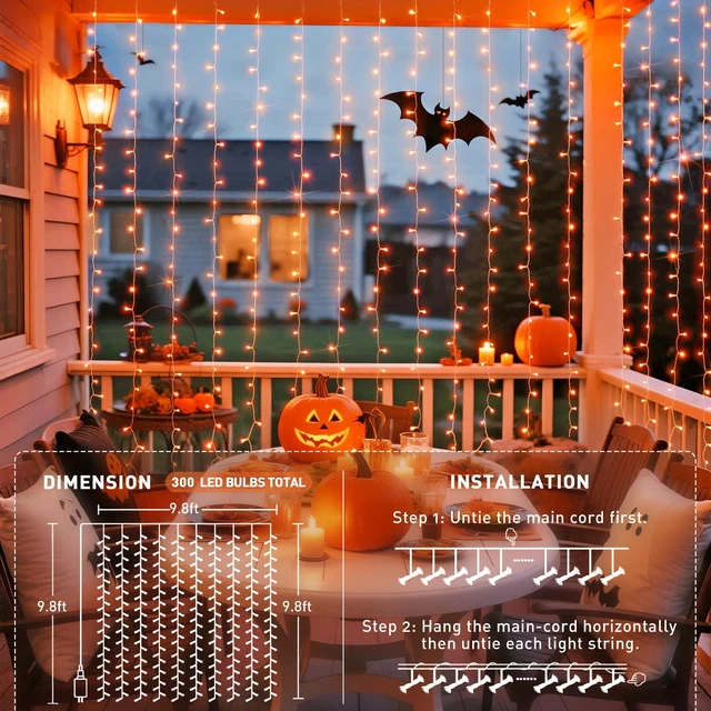 Alt view image 6 of 7 - 300LED Orange Halloween Curtain Lights with Remote, 9.8x9.8ft | Plug in, 8 Modes, Orange Hanging String Lights for Fall Bedroom Thanksgiving Window Wall Party Indoor Outdoor Halloween Decor