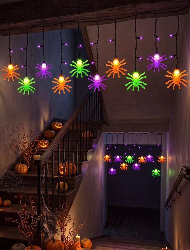 Alt view image 6 of 7 - Halloween Spider String Lights, 7Ft Halloween Decorations Lights with 10 LED Colorful Spider Lights 15 Mini Purple Bulbs, Hanging Fairy Lights UL Listed for Outdoor Curtain Porch Bar Party Decor