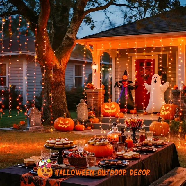 Alt view image 7 of 7 - 300LED Orange Halloween Curtain Lights with Remote, 9.8x9.8ft | Plug in, 8 Modes, Orange Hanging String Lights for Fall Bedroom Thanksgiving Window Wall Party Indoor Outdoor Halloween Decor