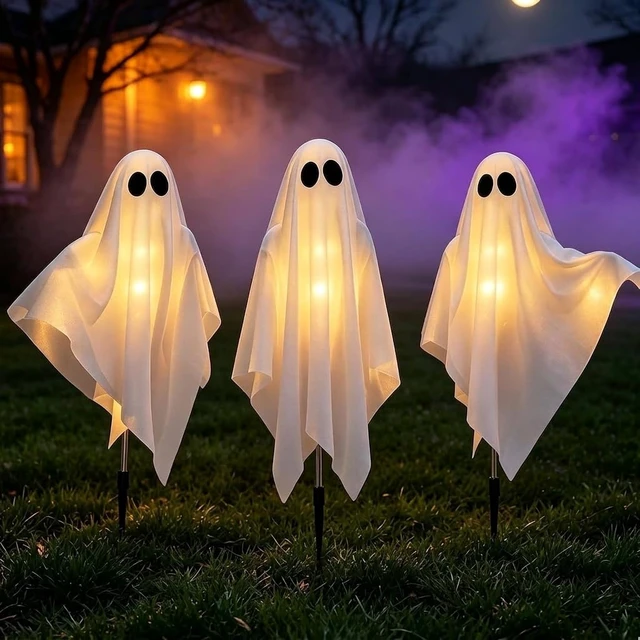Alt view image 2 of 4 - 3-Pack & Solar Powered Ghost Halloween Decorations Outdoor, Auto On/Off | Waterproof 3-Pack Solar Halloween Lights 8 Lighting Modes for Garden Pathway Porch Yard Walkway Lawn Party Decorations