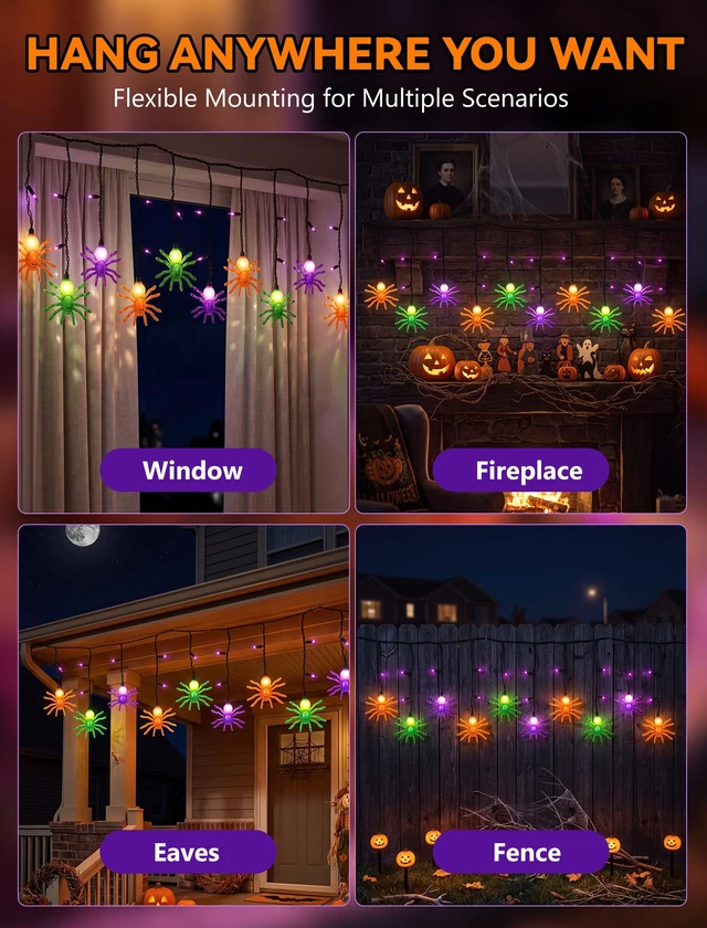 Alt view image 7 of 7 - Halloween Spider String Lights, 7Ft Halloween Decorations Lights with 10 LED Colorful Spider Lights 15 Mini Purple Bulbs, Hanging Fairy Lights UL Listed for Outdoor Curtain Porch Bar Party Decor