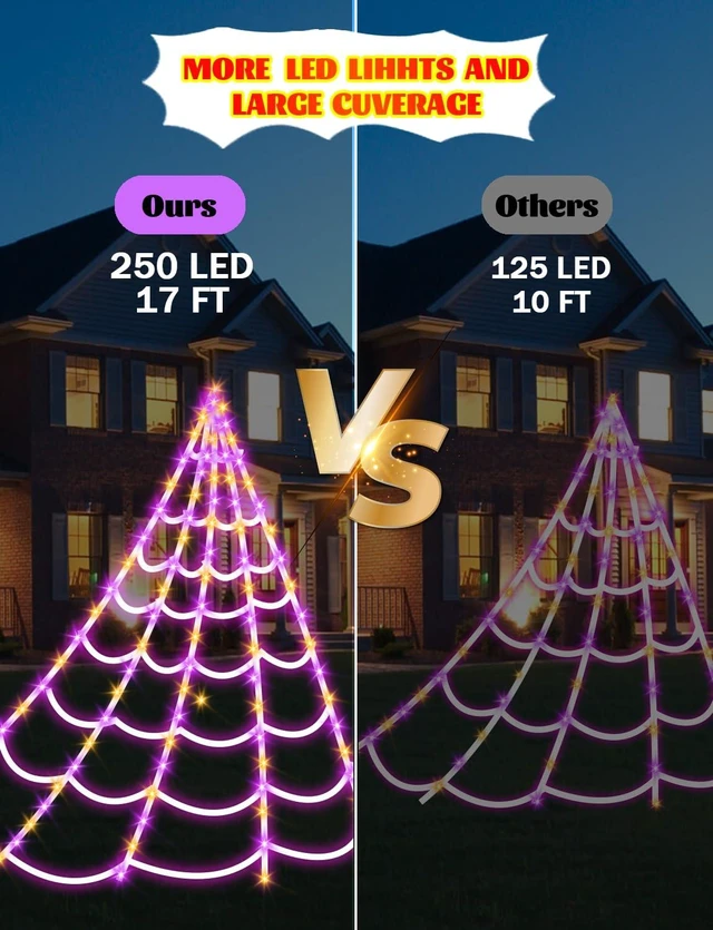 Alt view image 3 of 7 - Spider Webs Halloween Decorations Lights - 250 LEDs Outdoor Halloween String Lights,8 Modes Remote Control 16.4Ft Spiderweb,Waterproof (Orange+Purple)