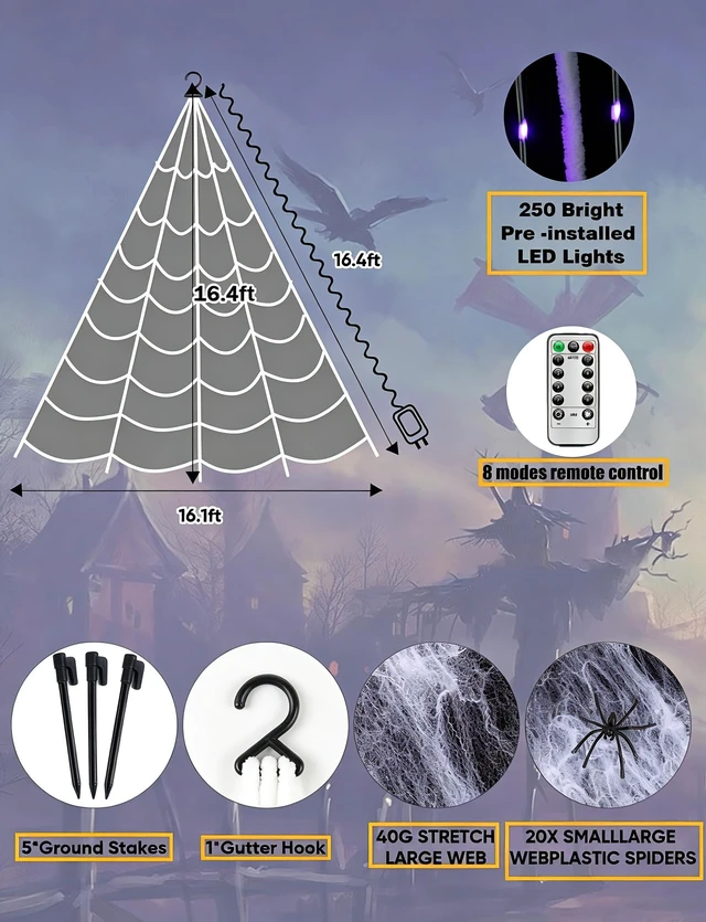 Alt view image 6 of 7 - Spider Webs Halloween Decorations Lights - 250 LEDs Outdoor Halloween String Lights,8 Modes Remote Control 16.4Ft Spiderweb,Waterproof (Orange+Purple)