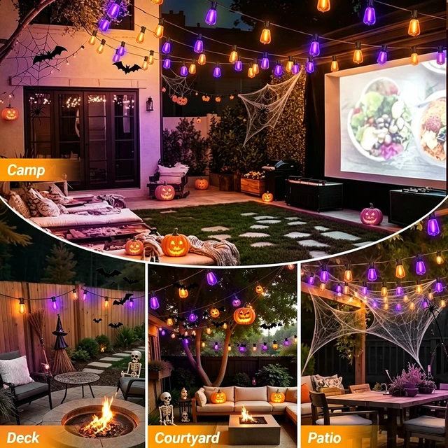 Alt view image 2 of 7 - Orange purple Outdoor halloween String Lights ,26FT ST38 LED Patio Lights with 12+1 Shatterproof Edison Bulbs,UL Waterproof Connectable Outside Hanging Lights for Backyard Porch Christmas Party Decor