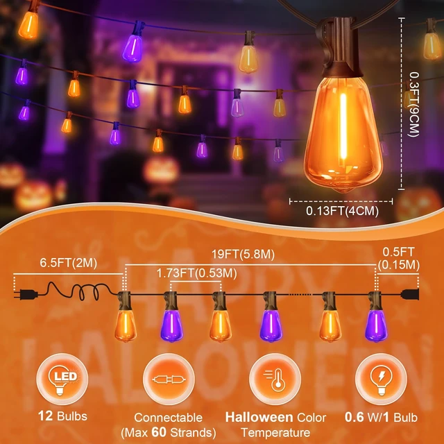 Alt view image 3 of 7 - Orange purple Outdoor halloween String Lights ,26FT ST38 LED Patio Lights with 12+1 Shatterproof Edison Bulbs,UL Waterproof Connectable Outside Hanging Lights for Backyard Porch Christmas Party Decor