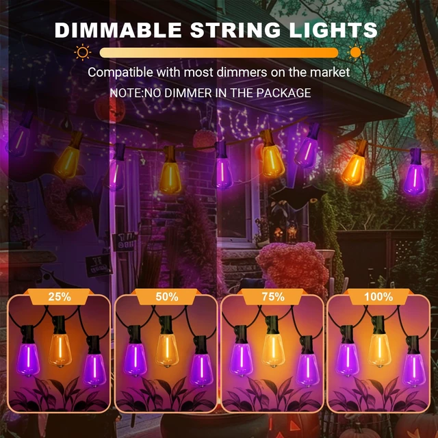 Alt view image 4 of 7 - Orange purple Outdoor halloween String Lights ,26FT ST38 LED Patio Lights with 12+1 Shatterproof Edison Bulbs,UL Waterproof Connectable Outside Hanging Lights for Backyard Porch Christmas Party Decor