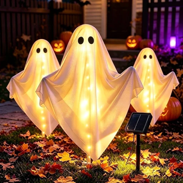 Alt view image 3 of 4 - 3-Pack & Solar Powered Ghost Halloween Decorations Outdoor, Auto On/Off | Waterproof 3-Pack Solar Halloween Lights 8 Lighting Modes for Garden Pathway Porch Yard Walkway Lawn Party Decorations