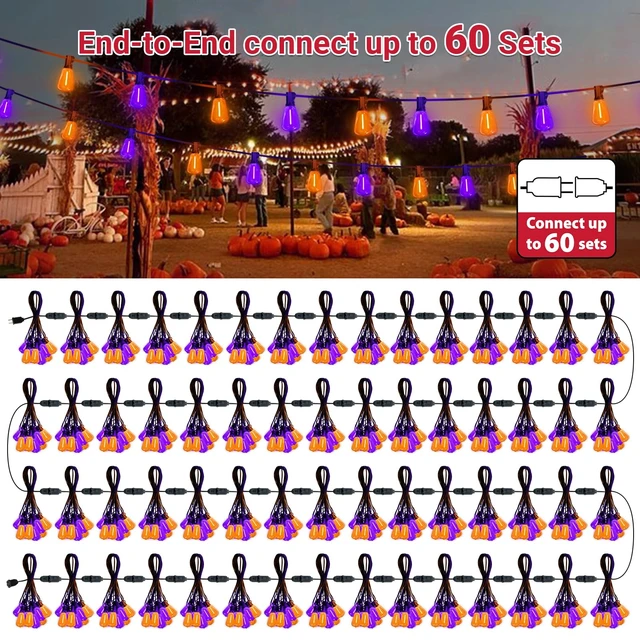 Alt view image 7 of 7 - Orange purple Outdoor halloween String Lights ,26FT ST38 LED Patio Lights with 12+1 Shatterproof Edison Bulbs,UL Waterproof Connectable Outside Hanging Lights for Backyard Porch Christmas Party Decor